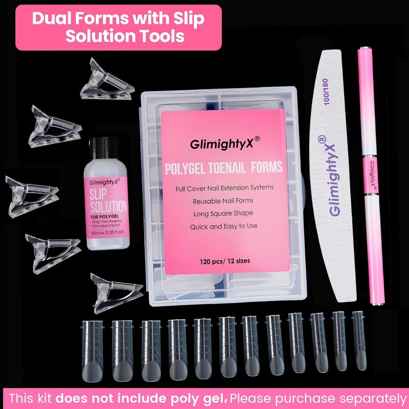 GlimightyX Straight Flat Polygel Nail Forms Kit for Toes, Reusable Toenails Dual Forms for Polygel with 1.35oz Nail Slip Solution Anti-Stick,with Dual-Ended Brush,Nail File Nail Clips,12 Sizes 120Pcs - Image 4